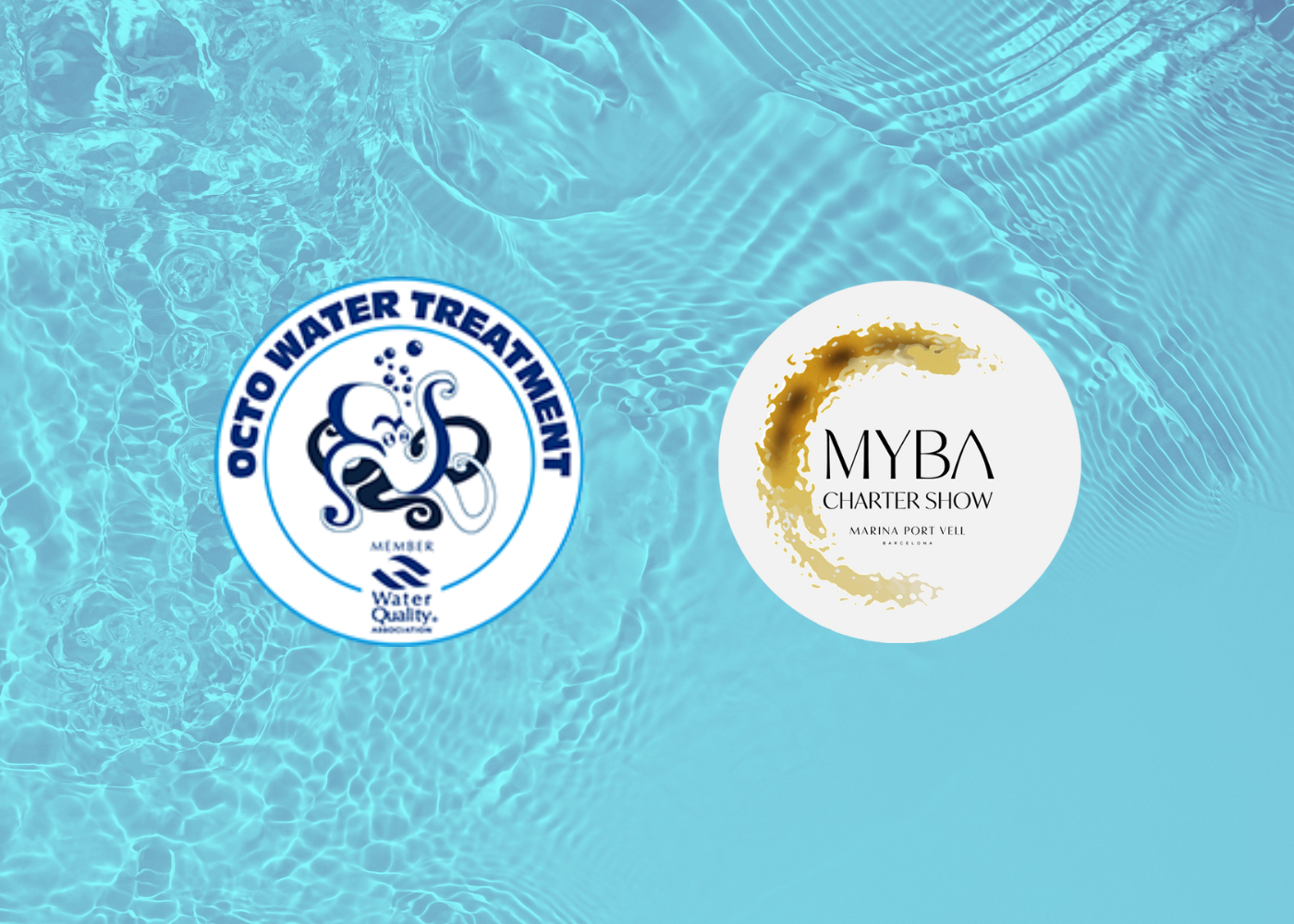 Octo Marine Logo and MYBA Charter Show Logo, on light blue water background