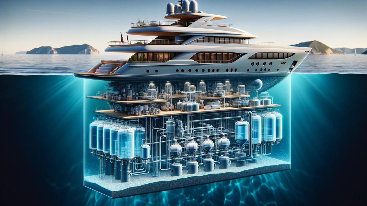 Superyacht with transparent illustration of internal water systems, highlighting filtration units and pipelines beneath the waterline.